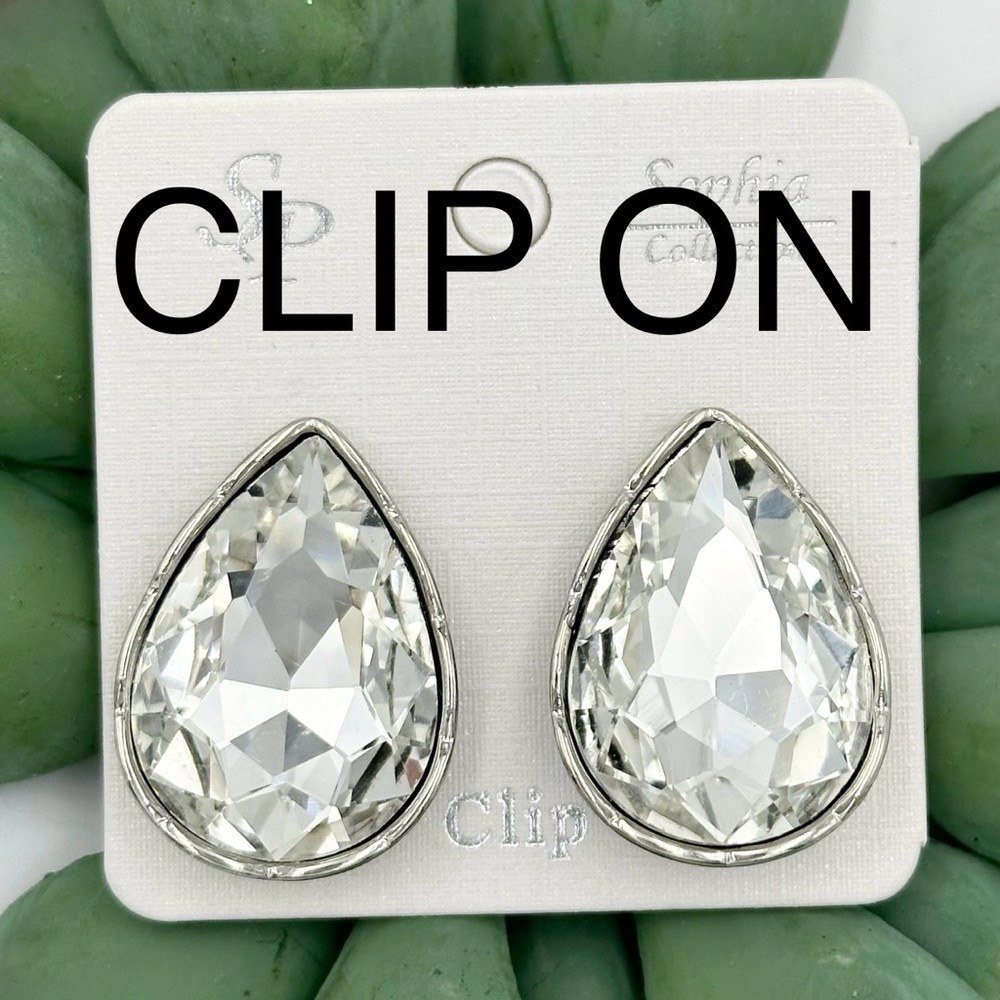 Large Clear Rhinestone Teardrop Clip On Earrings